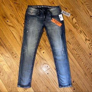 NWT ROCK REVIVAL MOTO MOON SKINNY JEANS 27 4 ANKLE